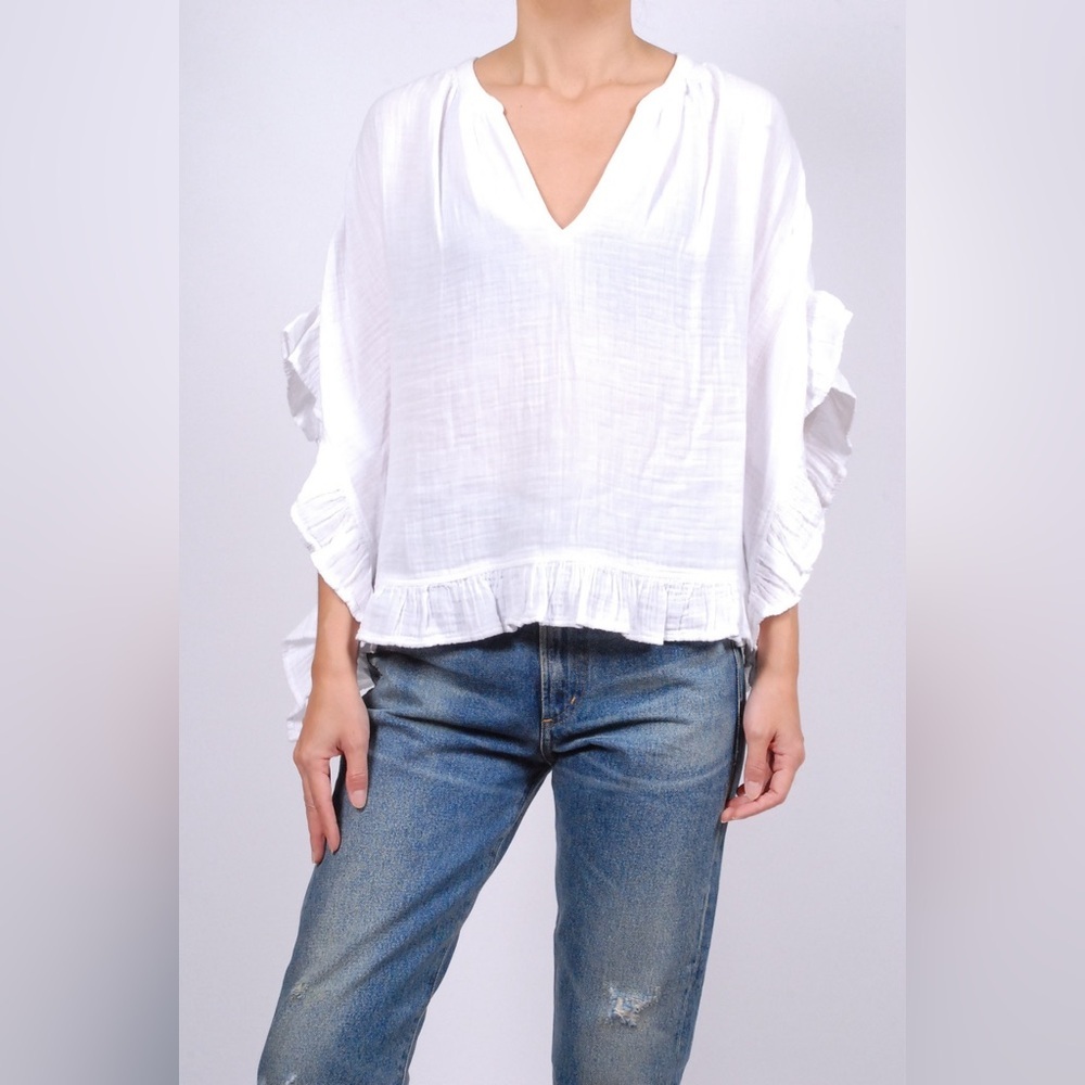 XiRENA White Cotton Ruffle V-Neck Tunic